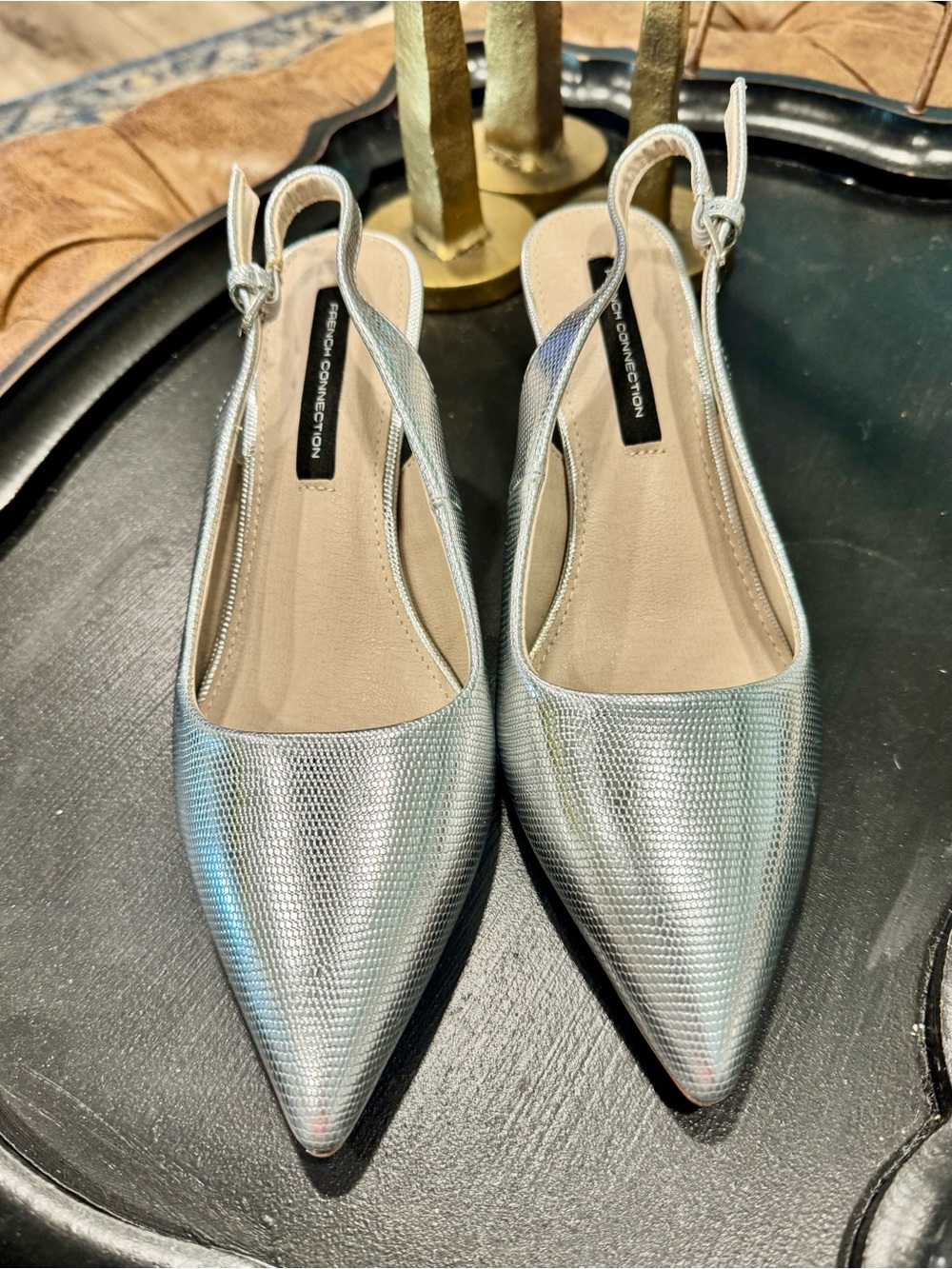 French Connection Silver Pointed-Toe Slingback Kitten Heels